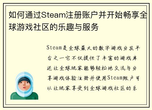 如何通过Steam注册账户并开始畅享全球游戏社区的乐趣与服务 如何通过Steam注册账户并开始畅享全球游戏社区的乐趣与服务